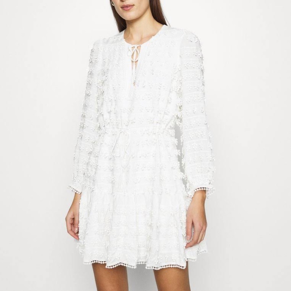 FARM Rio Fringe Detail Mini in Off-White Tie Neck Dress S $225